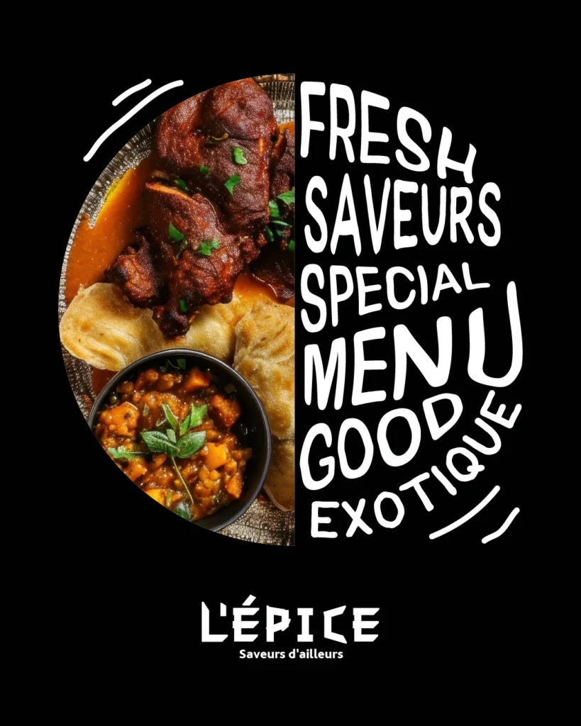 Assiette de cuisine exotique avec viande mijotée, légumes épicés et samoussas – Restaurant L’Épice à Angers, spécialités aux saveurs du monde.